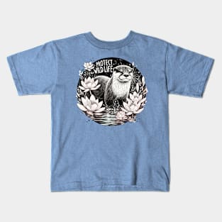 Protect Wildlife - Otter and water lilies Kids T-Shirt